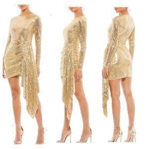 Mac Duggal Women's Mini Gathered Gold Sequin Cocktail Dress Size 12.